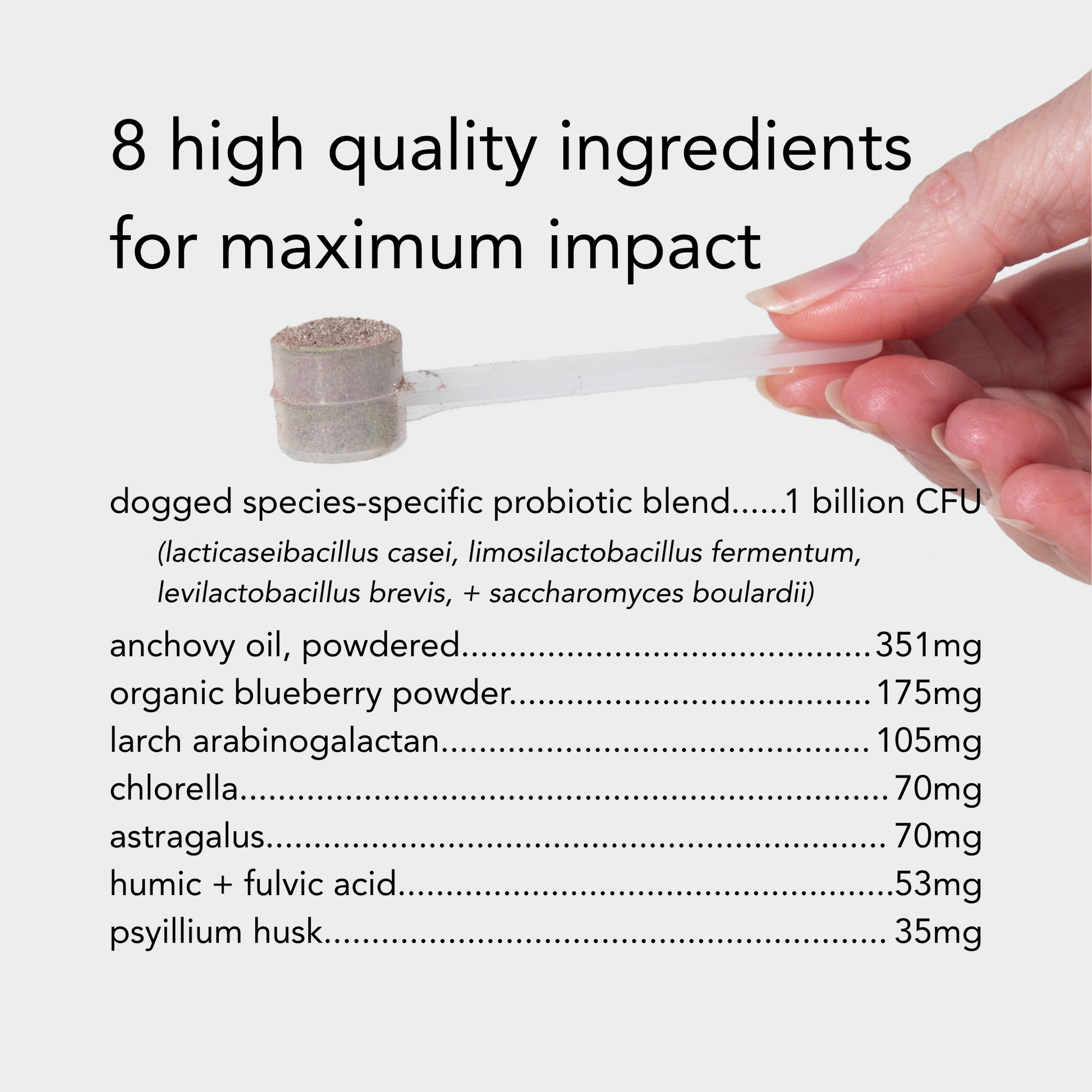 Hand holding a scoop with a list of high-quality ingredients for a product on a white background