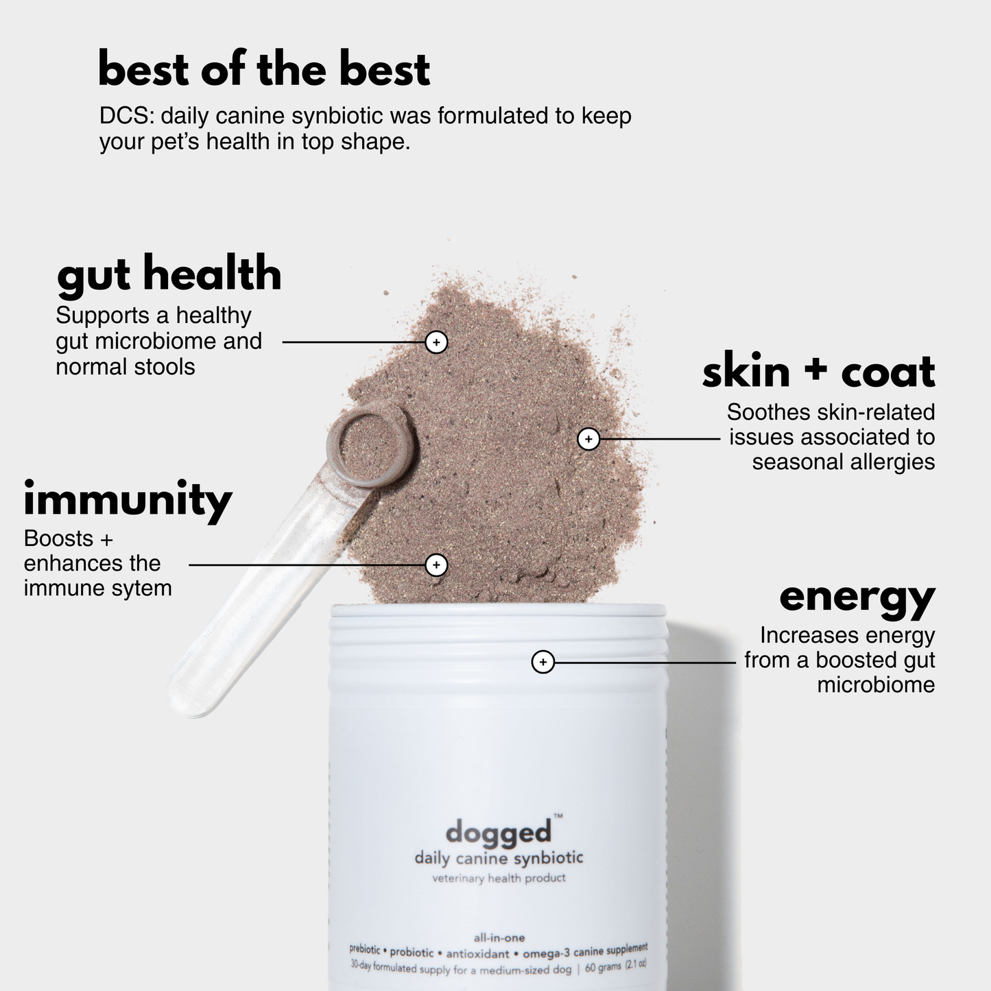 Dogged Daily Canine Synbiotic dog probiotic powder showing key benefits: gut health, immunity, skin and coat support, and increased energy for dogs
