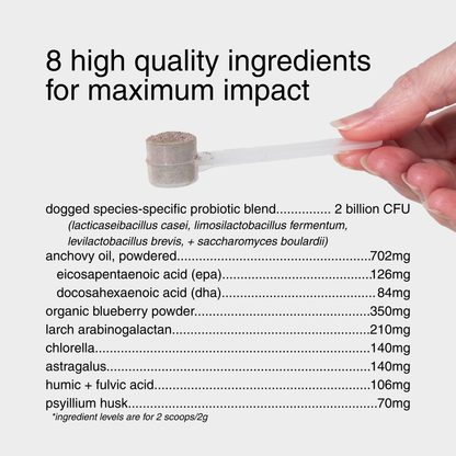 Hand holding a scoop with a list of high-quality ingredients for a product on a light gray background.