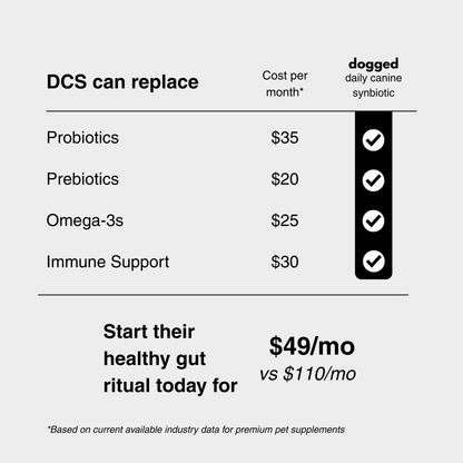 Cost comparison chart showing Dogged Daily Canine Synbiotic replaces separate dog probiotics, prebiotics, omega-3, and immune supplements for $49/month vs $110/month